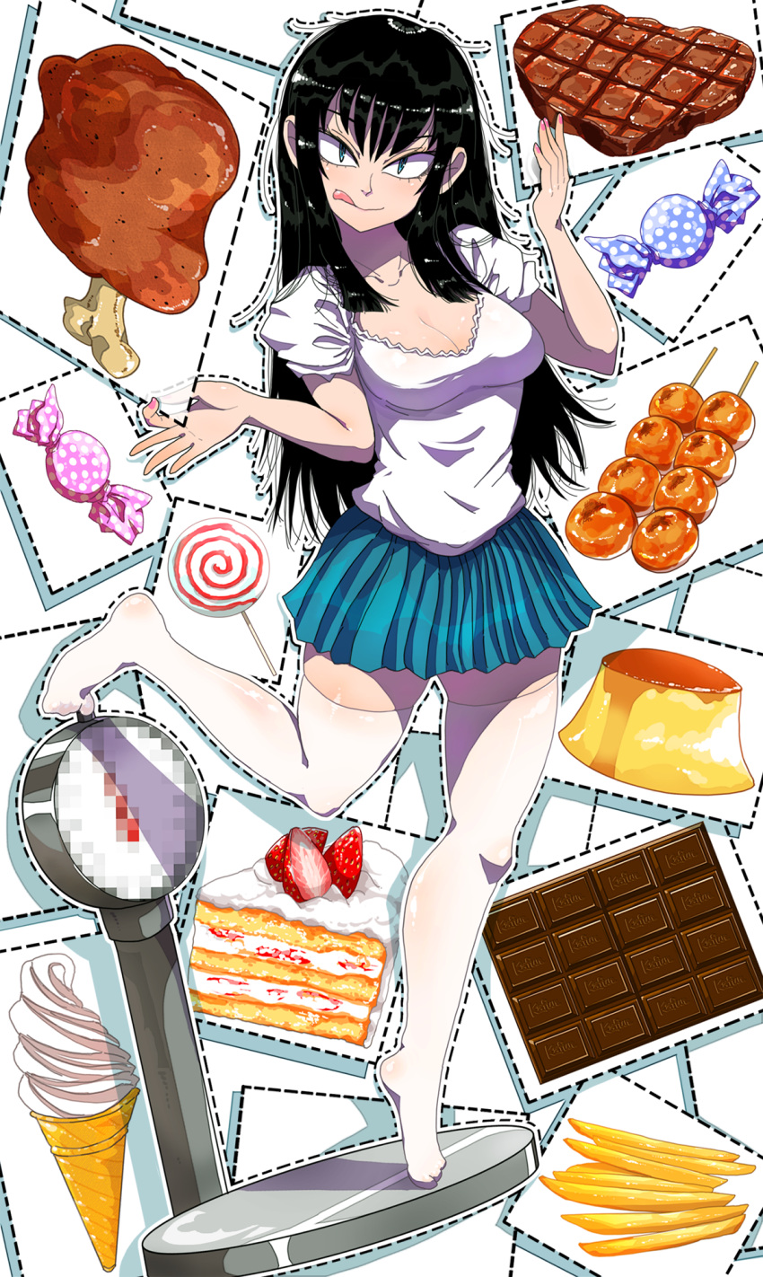 1girl :q bangs black_hair blouse blue_eyes blue_skirt boned_meat breasts cake candy censored chicken_leg chocolate chocolate_bar cleavage dango dotted_line food french_fries full_body highres ice_cream ice_cream_cone kafun lollipop long_hair looking_at_viewer meat medium_breasts miniskirt mitarashi_dango mosaic_censoring nail_polish no_shoes ok_sign original pink_nails pleated_skirt pudding sanpaku short_sleeves skirt slice_of_cake smile soft_serve solo standing standing_on_one_leg steak strawberry_shortcake swirl_lollipop thigh-highs tiptoes tongue tongue_out tsurime w_arms wagashi weighing_scale white_blouse white_legwear wrapped_candy zettai_ryouiki
