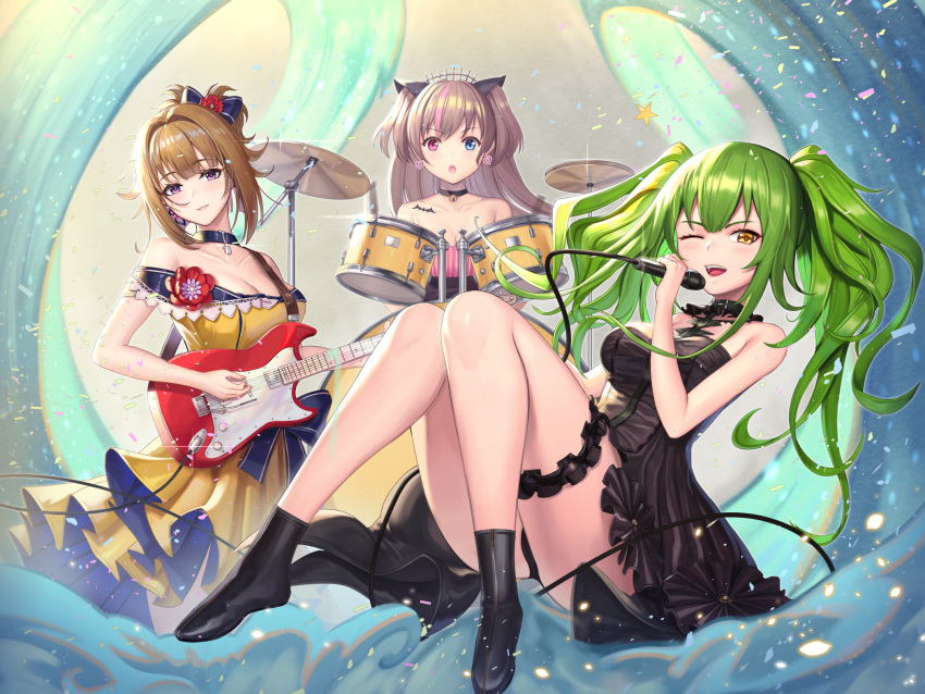 3girls alternate_hairstyle animal_ears ass bangs bat bell bell_choker black_dress black_footwear black_gloves black_panties blue_eyes blush boots breasts brown_hair cat_ears choker cleavage dress drum drum_set earrings electric_guitar eyebrows_visible_through_hair floating flower girls_frontline glint glitter gloves green_hair grizzly_mkv_(girls_frontline) guitar hair_between_eyes hair_up head_tilt heart heart_earrings heterochromia highres holding holding_drumsticks holding_instrument holding_microphone instrument jewelry jingle_bell large_breasts leg_garter light_particles long_hair looking_at_viewer m950a_(girls_frontline) medium_breasts messy_hair microphone mk_23_(girls_frontline) moonandmist motion_blur multicolored multicolored_clothes multicolored_dress multicolored_hair multiple_girls off-shoulder_dress off_shoulder one_eye_closed open_mouth panties parted_lips red_eyes red_flower short_hair sidelocks smile strapless strapless_dress streaked_hair thighs twintails two_side_up underwear violet_eyes yellow_eyes