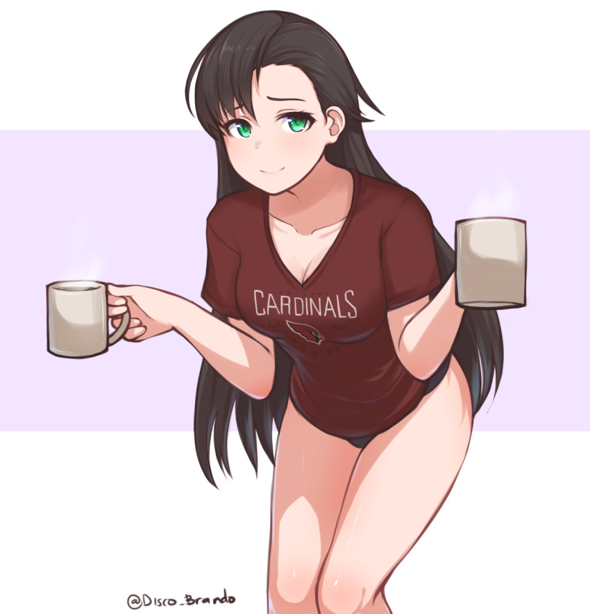 1girl arizona_(azur_lane) arizona_cardinals artist_name azur_lane black_hair black_panties breasts cleavage coffee_mug collarbone cup disco_brando green_eyes highres holding holding_cup leaning_forward long_hair looking_at_viewer medium_breasts mug namesake national_football_league no_pants panties shirt short_sleeves simple_background smile solo t-shirt thighs twitter_username underwear very_long_hair