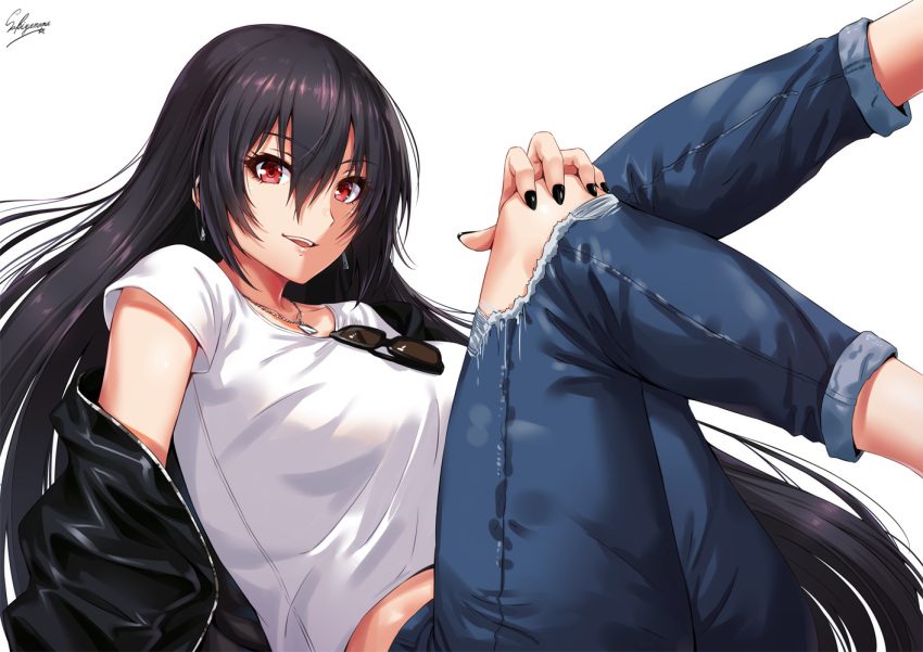 1girl bangs black_hair black_jacket black_nails black_pants blush breasts character_name commentary_request denim earrings hair_between_eyes jacket jeans jewelry kantai_collection large_breasts leaning_back legs_up long_hair looking_at_viewer nagato_(kantai_collection) nail_polish off_shoulder open_clothes open_jacket open_mouth pants red_eyes sakiyamama shirt simple_background sitting smile solo sunglasses t-shirt thighs white_background white_shirt