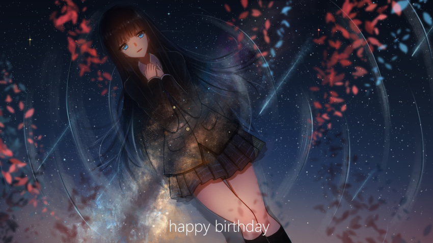 1girl bangs black_coat black_hair black_legwear black_skirt blue_eyes blunt_bangs happy_birthday highres kneehighs long_hair long_sleeves miniskirt night outdoors pleated_skirt qwerggthankyou reflecting_pool skirt sky solo star_(sky) starry_sky touma_kazusa very_long_hair water white_album_2