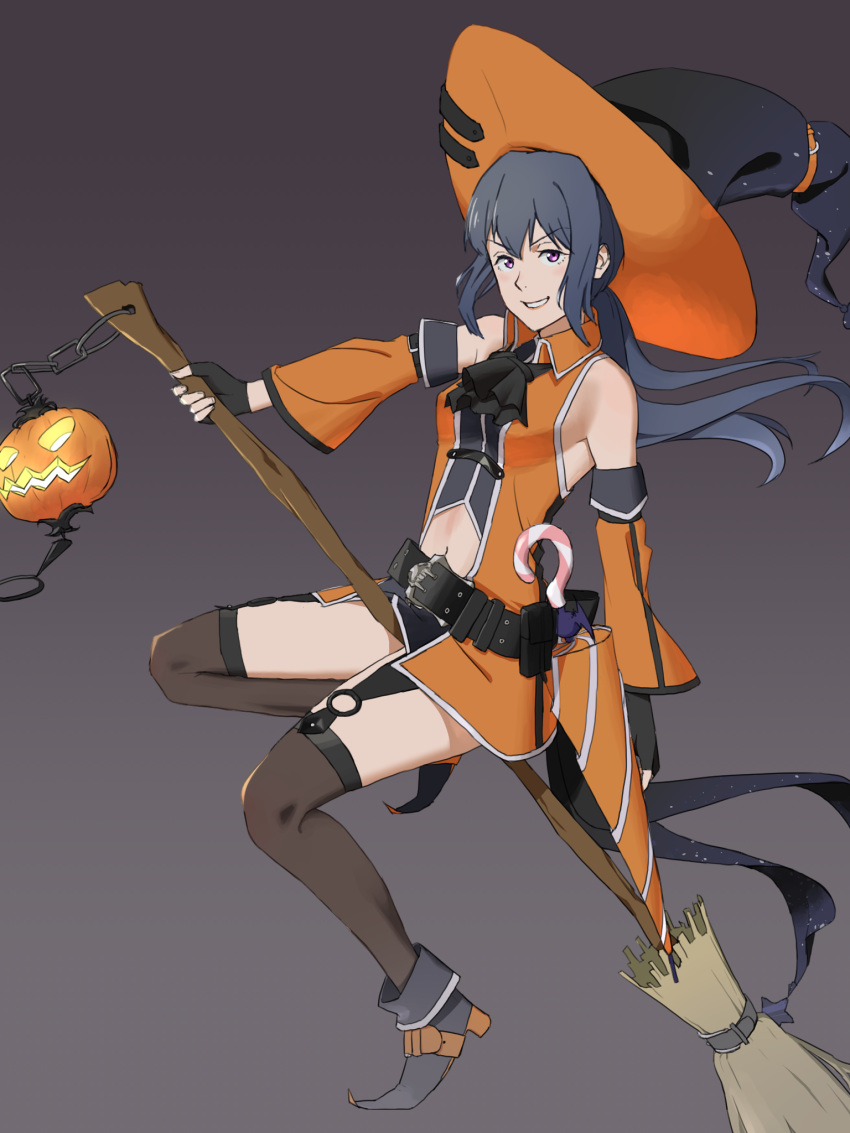 1girl bare_shoulders blue_hair broom broom_riding cosplay dress fingerless_gloves fire_emblem fire_emblem_heroes fire_emblem_if gloves hat highres long_hair nintendo oboro_(fire_emblem_if) ponytail wayu_(fire_emblem) wayu_(fire_emblem)_(cosplay) witch_hat