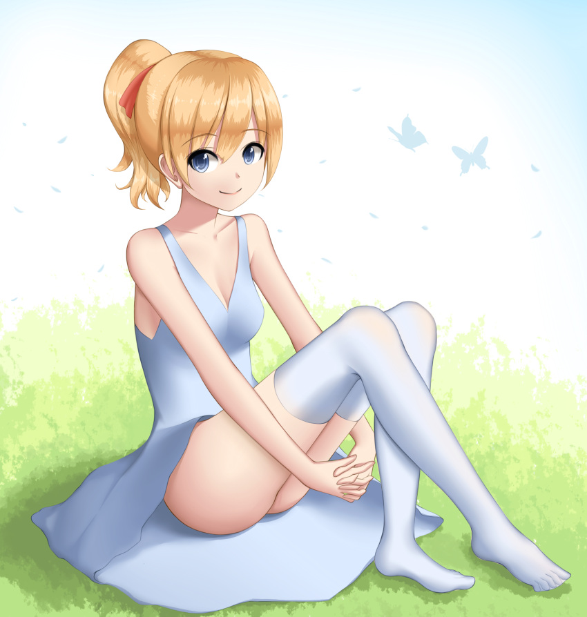 blonde_hair blue_dress blue_eyes breasts bug butterfly chinese_commentary closed_mouth collarbone commentary_request dress eyebrows_visible_through_hair hair_between_eyes highres hui_yu insect looking_at_viewer no_shoes original own_hands_together ponytail short_hair silhouette sitting sleeveless sleeveless_dress small_breasts smile thigh-highs white_legwear