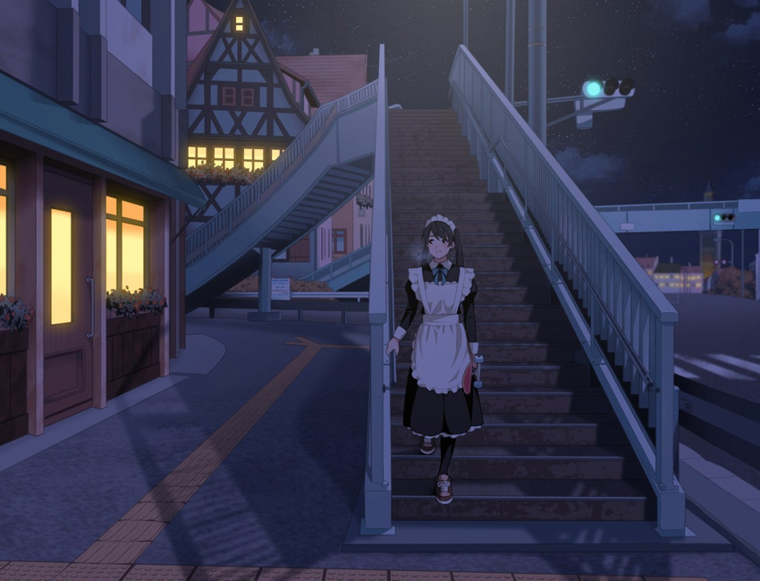 1girl apron fog houses maid maid_apron maid_headdress night night_sky original road shoes skateboard sky sneakers stairs star_(sky) starry_sky street suzushiro_(suzushiro333) town traffic_light twintails