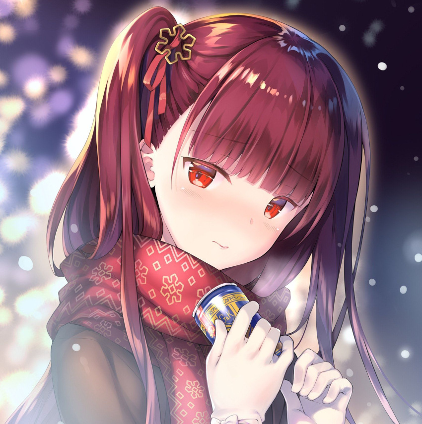 1girl bangs blunt_bangs blurry blurry_background blush bow brown_hair brown_jacket can closed_mouth commentary_request depth_of_field eyebrows_visible_through_hair girls_frontline gloves hair_ornament hair_ribbon hands_up head_tilt highres holding holding_can jacket long_hair one_side_up print_scarf red_eyes red_ribbon red_scarf rei_(rei's_room) ribbon scarf snowflake_print solo wa2000_(girls_frontline) white_bow white_gloves