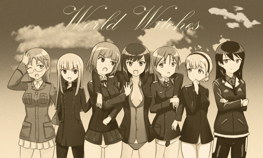 6+girls adolfine_galland arms_around_neck blush brave_witches breasts breasts_apart clouds cloudy_sky commentary_request copyright_name corset crossed_arms edytha_neumann eyebrows_visible_through_hair federica_n_doglio fur_trim glasses grete_m_gollob gundula_rall hairband hand_on_head hand_on_own_chin highres jacket long_hair military military_uniform miniskirt minna-dietlinde_wilcke monochrome multiple_girls no_pants nomad_(mjauharazhar) open_clothes open_jacket open_mouth outdoors panties pants pantyhose partially_unbuttoned rosalie_de_hemricourt_de_grunne sepia short_hair skirt sky smile standing strike_witches underwear uniform world_witches_series