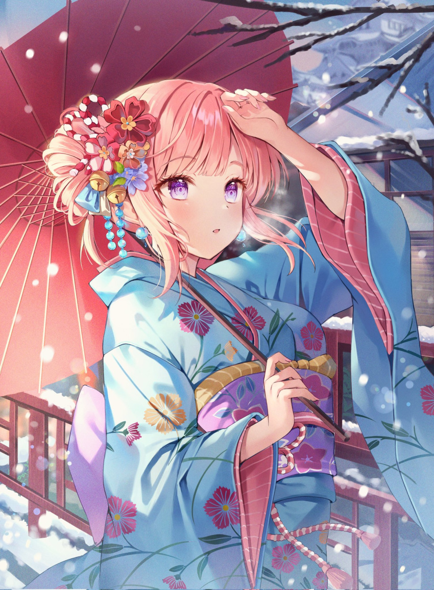 1girl arm_up auro_drm bangs blue_kimono branch breath cold commentary copyright_request cowboy_shot day earrings english_commentary eyebrows_visible_through_hair hair_ornament hand_on_own_forehead highres holding holding_umbrella japanese_clothes jewelry kimono light_blush obi oil-paper_umbrella parted_lips pink_hair railing sash short_hair side_bun sidelocks snow snowing solo standing sunlight swept_bangs umbrella violet_eyes winter