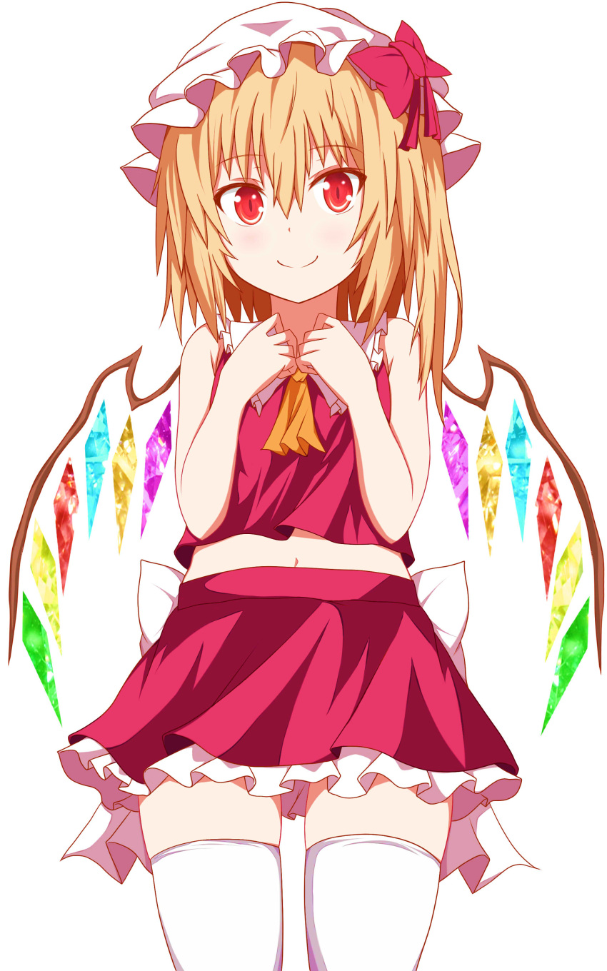 1girl absurdres armpit_crease back_bow bangs bare_arms bare_shoulders blonde_hair bow closed_mouth collar cowboy_shot dress flandre_scarlet frilled_collar frilled_skirt frills furagu hair_between_eyes hat hat_bow highres looking_at_viewer medium_hair midriff mob_cap navel one_side_up red_bow red_dress red_eyes simple_background skirt smile solo standing thigh-highs touhou white_background white_bow white_collar white_hat white_legwear wings yellow_neckwear zettai_ryouiki