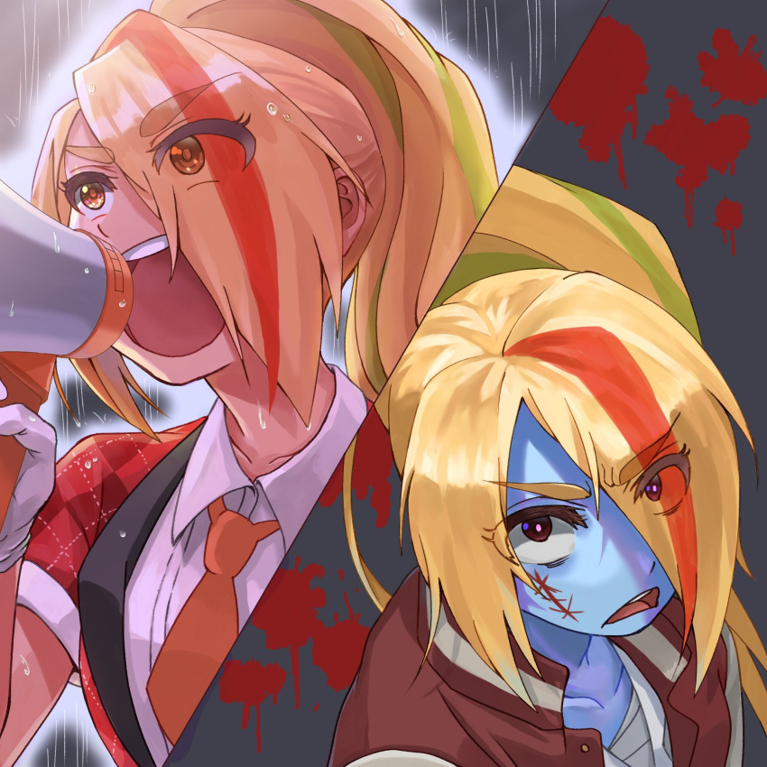 bandage blonde_hair blood blood_splatter dual_persona eyebrows_visible_through_hair eyes_visible_through_hair fish_kk00 hair_over_one_eye highres holding_megaphone idol jacket letterman_jacket long_hair looking_at_viewer multicolored_hair necktie nikaidou_saki open_mouth ponytail rain red_eyes streaked_hair v-shaped_eyebrows yellow_eyes zombie zombie_land_saga