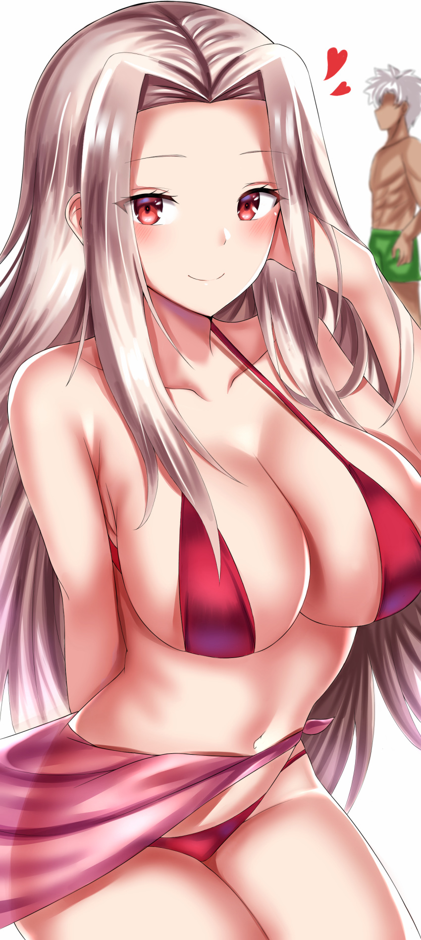 1boy 1girl absurdres arm_behind_back bikini blurry blurry_background blush breasts cleavage collarbone dark_skin emiya_kiritsugu emiya_kiritsugu_(assassin) eyebrows farys_(afopahqfw) fate/grand_order fate/zero fate_(series) hand_in_hair heart highres huge_breasts irisviel_von_einzbern long_hair looking_at_viewer red_bikini red_eyes red_swimsuit sarong see-through_silhouette sideboob silver_hair smile solo_focus swimsuit very_long_hair