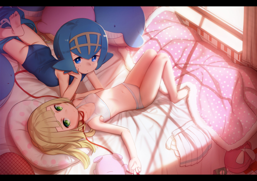 2girls absurdres ass bangs bare_legs bare_shoulders barefoot bed bed_sheet blonde_hair blue_eyes blue_hair blue_swimsuit blunt_bangs blush bra breasts chin_rest closed_mouth collarbone commentary creatures_(company) curtains eyebrows_visible_through_hair from_above game_freak green_eyes hairband highres huge_filesize indoors lillie_(pokemon) long_hair looking_at_viewer lying multiple_girls navel nintendo on_back on_bed on_stomach one-piece_swimsuit panties pillow pokemon pokemon_(game) pokemon_sm red_string school_swimsuit shamonabe short_hair small_breasts smile string suiren_(pokemon) swimsuit underwear underwear_only white_bra white_panties window yellow_hairband