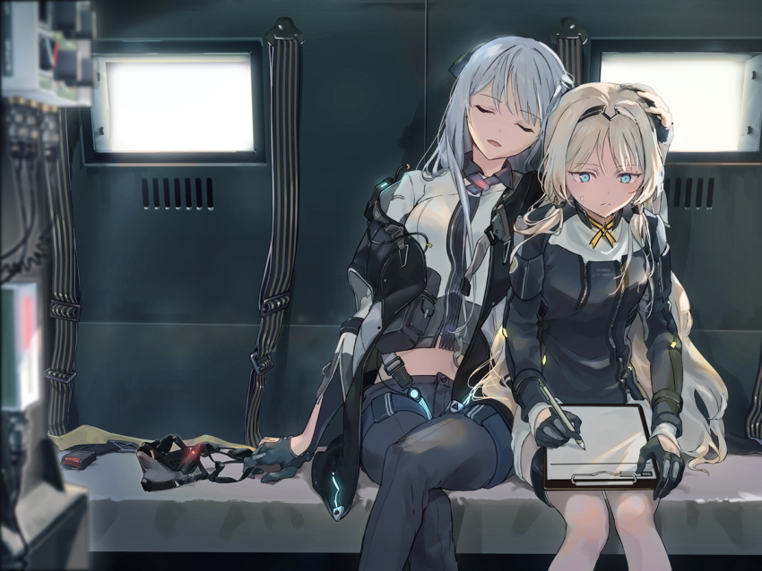 2girls ak-12_(girls_frontline) an-94_(girls_frontline) bangs blonde_hair blue_eyes closed_mouth commentary_request eyebrows_visible_through_hair girls_frontline gloves hairband hand_on_another's_head holding holding_pencil jacket leaning_on_person legs_crossed long_hair long_sleeves mask mask_removed multiple_girls notebook pencil ribbon sidelocks silver_hair sitting smile very_long_hair wss_(32656138)