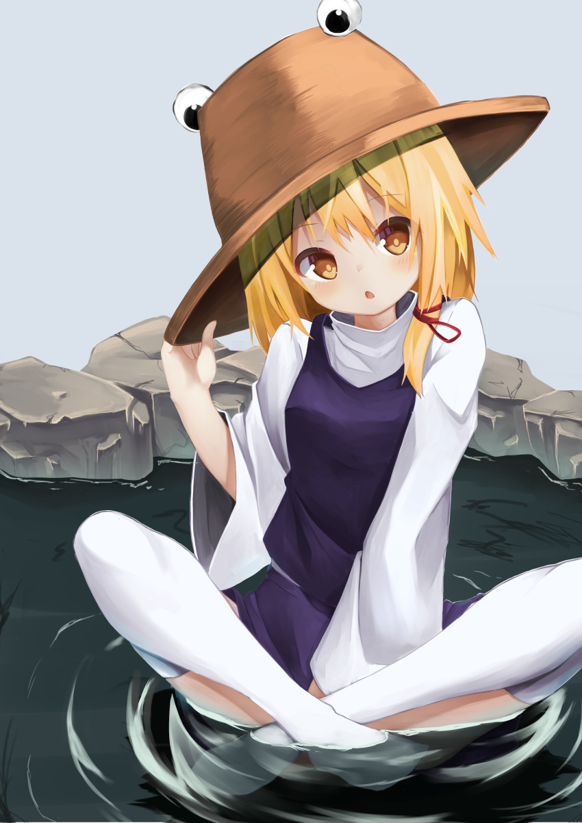 1girl :o absurdres blonde_hair brown_hat grey_background hair_ribbon hat head_tilt highres long_hair long_sleeves looking_at_viewer mm2k moriya_suwako no_shoes partially_submerged purple_skirt purple_vest red_ribbon ribbon rock sitting skirt skirt_set solo thigh-highs tilted_headwear touhou tress_ribbon turtleneck vest water white_legwear wide_sleeves