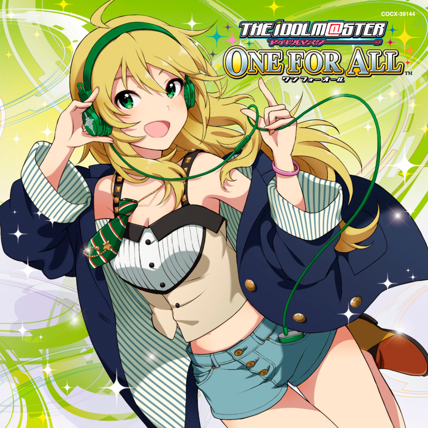 1girl :d blonde_hair blue_jacket blue_shorts breasts cleavage copyright_name disc_cover floating_hair green_eyes green_hairband hair_between_eyes hairband headphones highres hoshii_miki idolmaster jacket leg_up long_hair looking_at_viewer medium_breasts midriff necktie official_art open_clothes open_jacket open_mouth shiny shiny_hair short_necktie short_shorts shorts sleeveless smile solo star stomach striped striped_neckwear very_long_hair