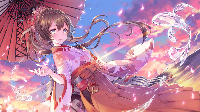 1girl anchor blue_eyes braid brown_hair cannon commentary_request crown_braid floral_print flower hair_flower hair_ornament hakama highres holding holding_umbrella japanese_clothes kimono long_hair machinery ocean oriental_umbrella outdoors pink_flower pink_kimono ponytail red_flower red_hakama reimin sky solo standing steelblue_mirage turret umbrella wide_sleeves