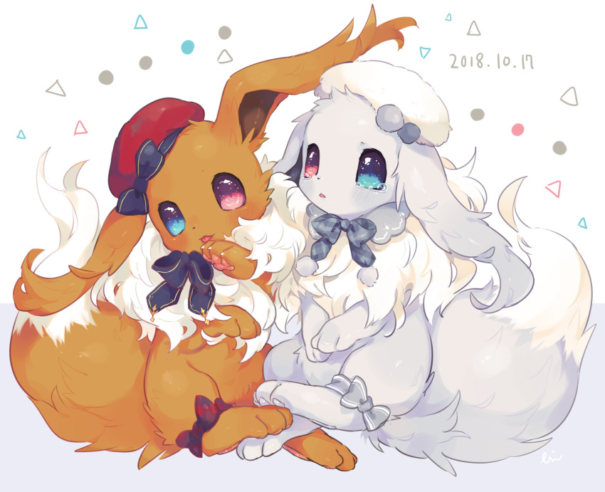 :p alternate_color bad_id bad_twitter_id blue_eyes blush clothed_pokemon creatures_(company) eevee fluffy game_freak gen_1_pokemon grey_ribbon hat heterochromia hideko_(l33l3b) highres looking_at_viewer neck_ribbon nintendo pokemon pokemon_(creature) red_hat ribbon shiny_pokemon sparkling_eyes tears tongue tongue_out violet_eyes white_background white_hat