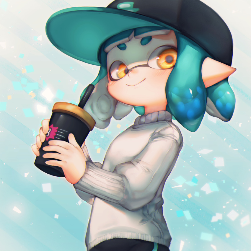 1girl baseball_cap bike_shorts black_hat blue_hair blush closed_mouth cup domino_mask drinking_straw hat highres holding holding_cup inkling long_sleeves mask orange_eyes pikyuu pointy_ears short_hair smile solo splatoon splatoon_(series) splatoon_2 suction_cups sweater tentacle_hair white_sweater