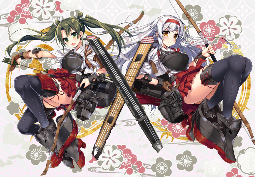 2girls :d absurdres arrow black_legwear blush bow_(weapon) breastplate eyebrows_visible_through_hair floating_hair floral_background green_eyes green_hair hair_ribbon hairband hakama hakama_skirt highres holding holding_arrow holding_bow_(weapon) holding_weapon japanese_clothes kantai_collection kimono long_hair looking_at_viewer multiple_girls open_mouth outstretched_arm raiou red_hairband red_hakama ribbon shoukaku_(kantai_collection) silver_hair smile thigh-highs twintails very_long_hair weapon white_kimono white_ribbon yellow_eyes zettai_ryouiki zuikaku_(kantai_collection)