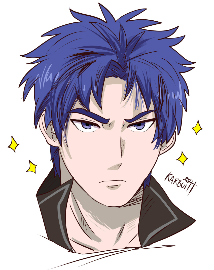 1boy absurdres angry blue_eyes blue_hair fire_emblem fire_emblem:_akatsuki_no_megami fire_emblem:_souen_no_kiseki highres ike jacket karbuitt looking_at_viewer male_focus nintendo short_hair simple_background solo super_smash_bros.