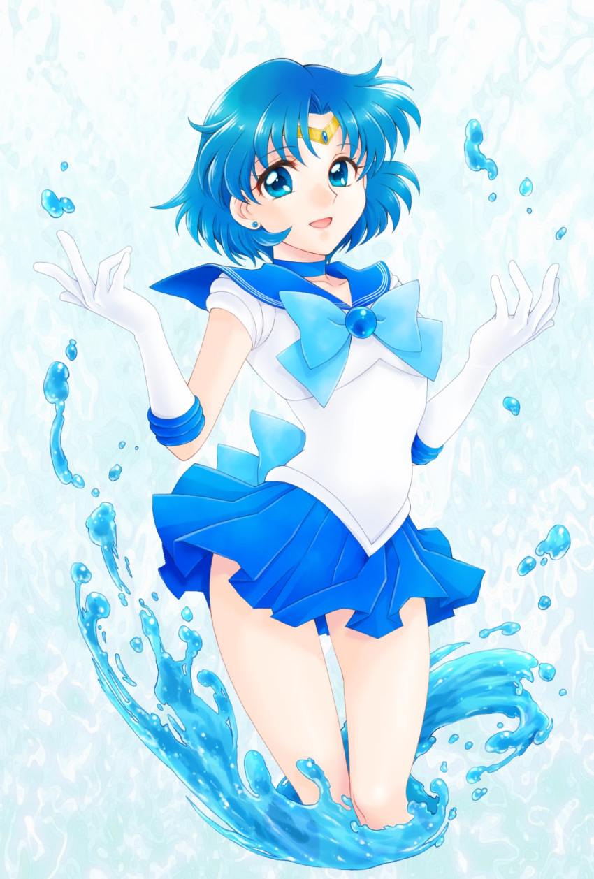 1girl :d aizen_(syoshiyuki) bishoujo_senshi_sailor_moon blue_bow blue_eyes blue_hair blue_neckwear blue_sailor_collar blue_skirt bow bowtie choker collarbone cropped_legs earrings elbow_gloves eyebrows_visible_through_hair gloves headpiece highres jewelry looking_at_viewer miniskirt open_mouth pleated_skirt sailor_collar sailor_mercury sailor_senshi_uniform shiny shiny_hair shirt short_hair skirt sleeveless sleeveless_shirt smile solo standing white_gloves white_shirt