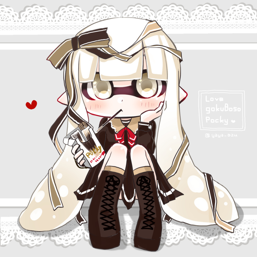 1girl boots domino_mask food food_in_mouth grey_background hair_ribbon heart highres holding holding_food inkling lace_trim long_sleeves mask pocky ribbon sitting skirt solo splatoon splatoon_(series) splatoon_1 tentacle tentacle_hair white_eyes white_hair yaya_(yayaya)