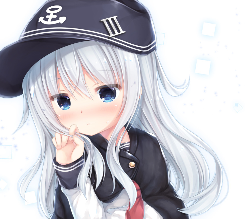 1girl anchor_symbol bangs black_cape black_hat blue_eyes blush cape closed_mouth commentary_request eyebrows_visible_through_hair fingernails flat_cap hair_between_eyes hand_up hat hibiki_(kantai_collection) highres kantai_collection long_hair long_sleeves looking_at_viewer nose_blush red_neckwear shirt shizukawashi_sumi silver_hair sleeves_past_wrists solo sweat upper_body very_long_hair white_background white_shirt