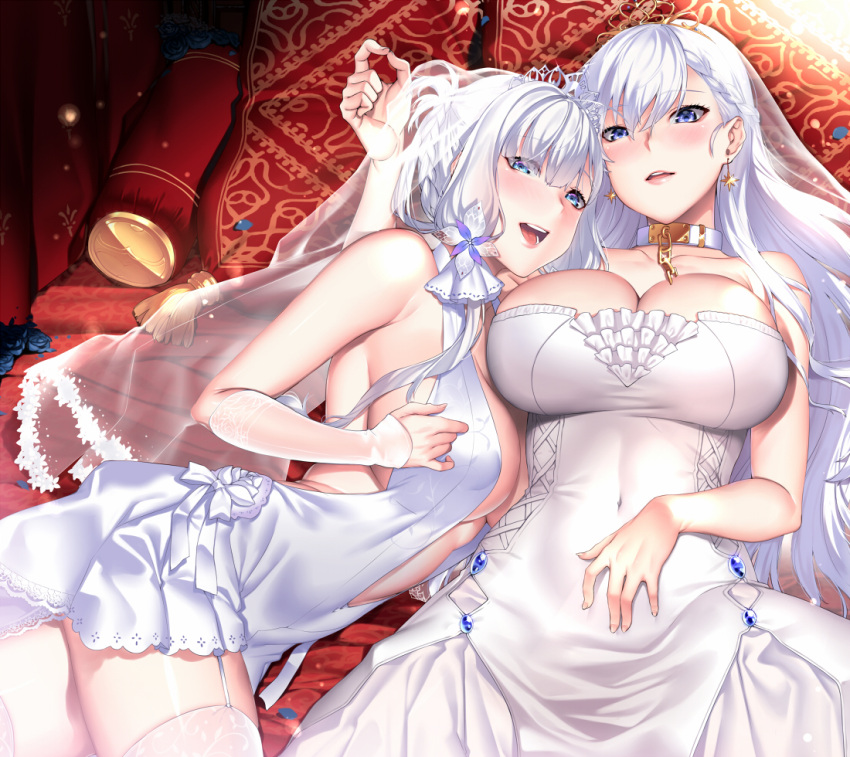 2girls azur_lane bare_shoulders belfast_(azur_lane) blue_eyes braid breasts cleavage collar covered_navel cowboy_shot crown_braid deras detached_sleeves dress earrings eyebrows_visible_through_hair flower french_braid garter_straps glint huge_breasts illustrious_(azur_lane) indoors jewelry large_breasts long_hair looking_at_viewer multiple_girls open_mouth parted_lips short_dress side_braid sidelocks smile strapless strapless_dress thigh-highs tiara veil white_dress white_hair white_legwear
