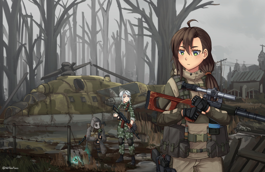 1other 2girls ahoge aircraft aks-74 ambiguous_gender barbed_wire brown_hair camouflage commentary crash fingerless_gloves gas_mask gloves green_eyes gun handgun helicopter highres holding holding_gun holding_weapon holster holstered_weapon hood knee_pads landscape load_bearing_equipment load_bearing_vest multiple_girls ndtwofives original outdoors pistol ponytail rifle scope silver_hair sniper_rifle stalker_(game) tree twitter_username vss_vintorez weapon
