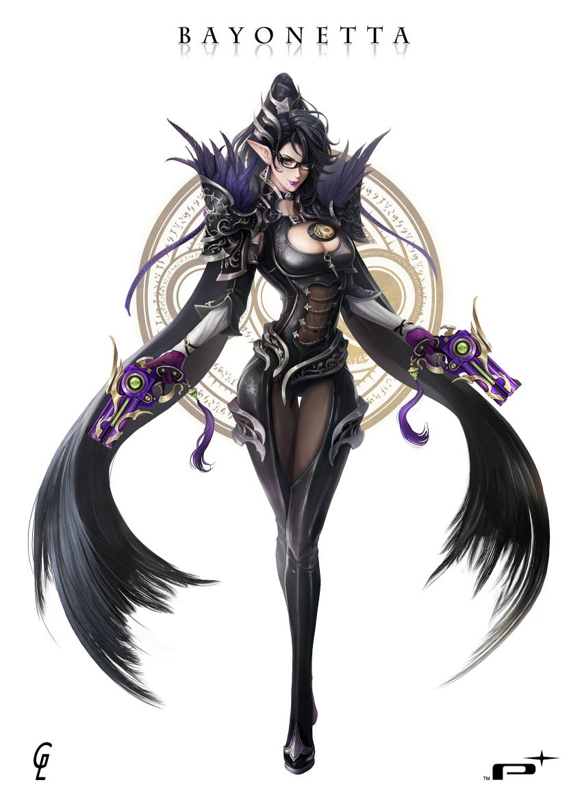 1girl alternate_costume amulet ankle_gun armor bayonetta bayonetta_(character) beehive_hairdo black_hair bodysuit eyeshadow full_body gharly glasses gun handgun highres jewelry lips lipstick looking_at_viewer makeup mole mole_under_mouth nintendo quadruple_wielding short_hair smile solo super_smash_bros. weapon