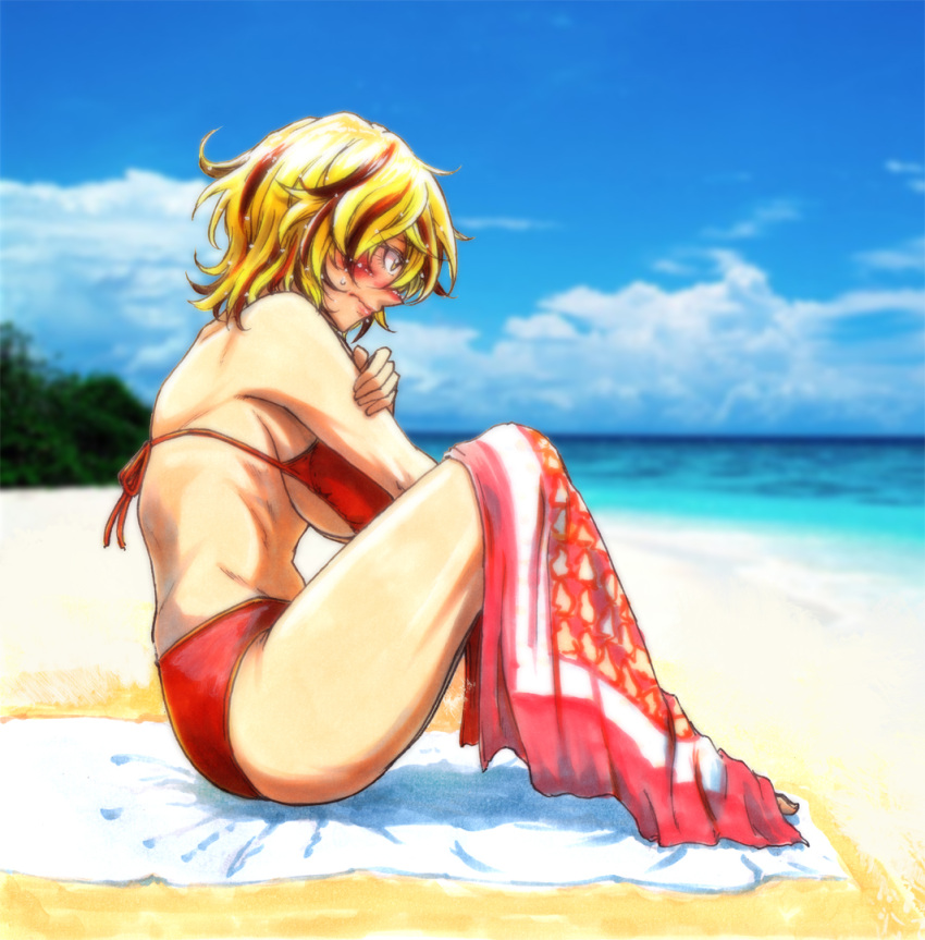 1girl beach bikini bikini_top blonde_hair blush breasts clouds cloudy_sky koyubi_(littlefinger1988) large_breasts multicolored_hair ocean short_hair sky solo swimsuit thighs toramaru_shou touhou