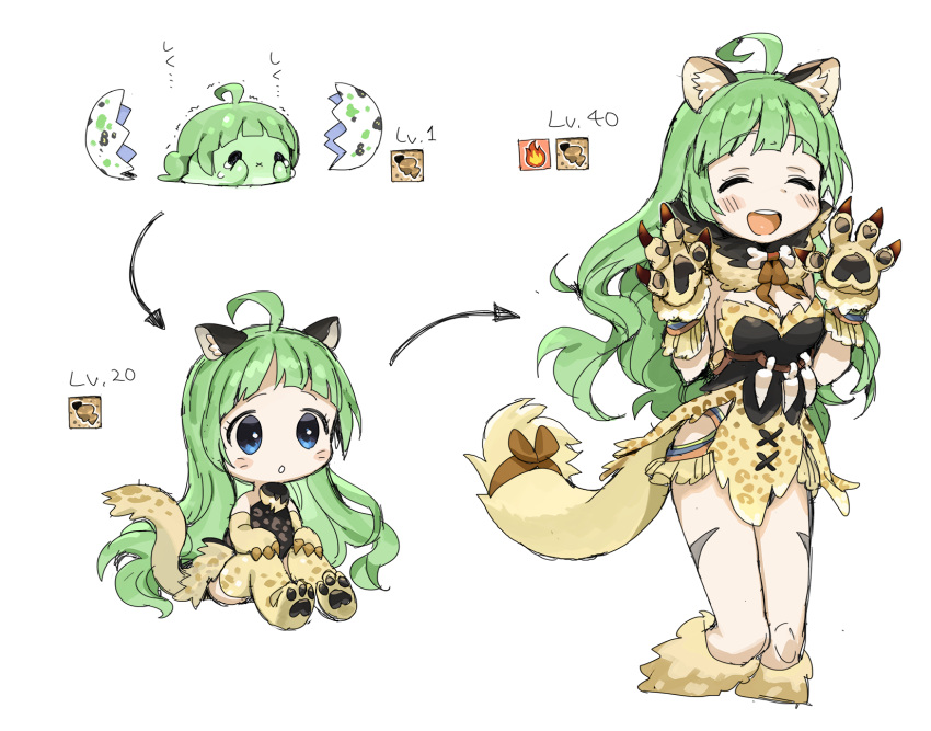 1girl :d :x ^_^ ahoge animal_ears animal_print blue_eyes blush body_markings bone bow breasts cat_ears cat_girl cat_paws cat_tail claws closed_eyes cropped_legs egg elbow_gloves evolution gloves green_hair hatching highres idolmaster idolmaster_million_live! kneehighs level_up light_green_hair long_hair medium_breasts miniskirt monster_girl multiple_views open_mouth paws shimabara_elena simple_background skirt sleeveless smile spawnfoxy tail tail_bow upper_teeth very_long_hair wavy_hair white_background