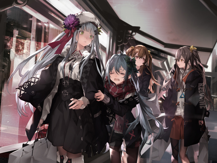 404_(girls_frontline) 4girls :3 absurdres ahoge alternate_costume bag bangs beret black_coat black_eyes black_jacket black_legwear black_shirt black_shorts black_skirt blue_hair blunt_bangs boots bow breasts brown_eyes brown_hair casual closed_mouth coat commentary_request cross_hair_ornament flower g11_(girls_frontline) girls_frontline green_bow green_eyes hair_between_eyes hair_bow hair_flower hair_ornament hairclip hat highres hk416_(girls_frontline) holding holding_bag indoors jacket large_breasts long_hair long_sleeves looking_at_another mall miniskirt miya-ki_(miya_key) multiple_girls off_shoulder one_eye_closed one_side_up open_clothes open_coat open_jacket open_mouth pantyhose parted_lips purple_flower red_eyes red_scarf red_skirt ribbed_sweater scarf shirt shopping_bag short_shorts shorts sidelocks silver_hair skirt smile standing sweater twintails ump45_(girls_frontline) ump9_(girls_frontline) underbust walking wavy_mouth white_hair white_hat white_shirt wing_collar