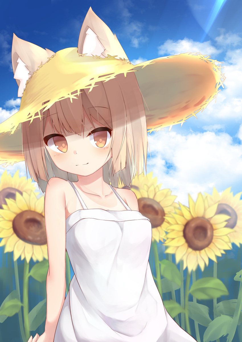 1girl absurdres animal_ears blonde_hair blue_sky clouds cloudy_sky commentary_request dress flower hat highres light_brown_hair mm2k orange_eyes original short_hair sky sleeveless sleeveless_dress smile straw_hat sun_hat sundress sunflower white_dress