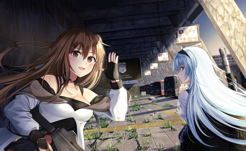 2girls :d aircell black_gloves blush breasts broken_glass brown_eyes brown_hair bus cleavage commentary detached_collar fingerless_gloves from_behind girls_frontline glass gloves grass ground_vehicle hair_ornament hairband hairclip highres k-2_(girls_frontline) korean long_hair long_sleeves looking_at_viewer looking_back medium_breasts motor_vehicle multiple_girls open_mouth red_eyes ruins smile thunder_(girls_frontline) white_hair