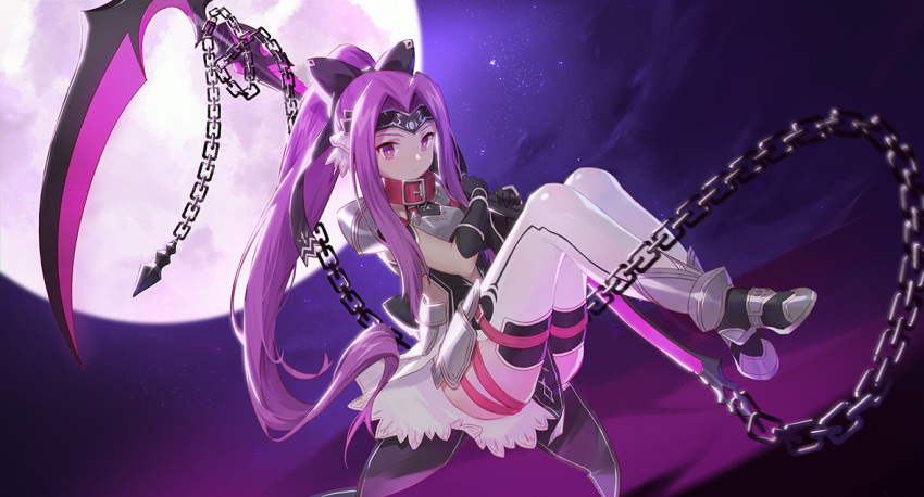 1girl armor ass belt black_footwear black_gloves black_ribbon breastplate chains closed_mouth commentary_request expressionless fate/grand_order fate_(series) faulds full_body full_moon gloves hair_intakes hair_ribbon headband holding holding_weapon knees_up long_hair looking_at_viewer medusa_(lancer)_(fate) miniskirt moon night night_sky outdoors pelvic_curtain ponytail purple_hair ribbon rider scythe shoes shoulder_armor showgirl_skirt skirt sky sleeveless smile_(mm-l) solo star_(sky) starry_sky thigh-highs very_long_hair violet_eyes weapon white_legwear white_skirt