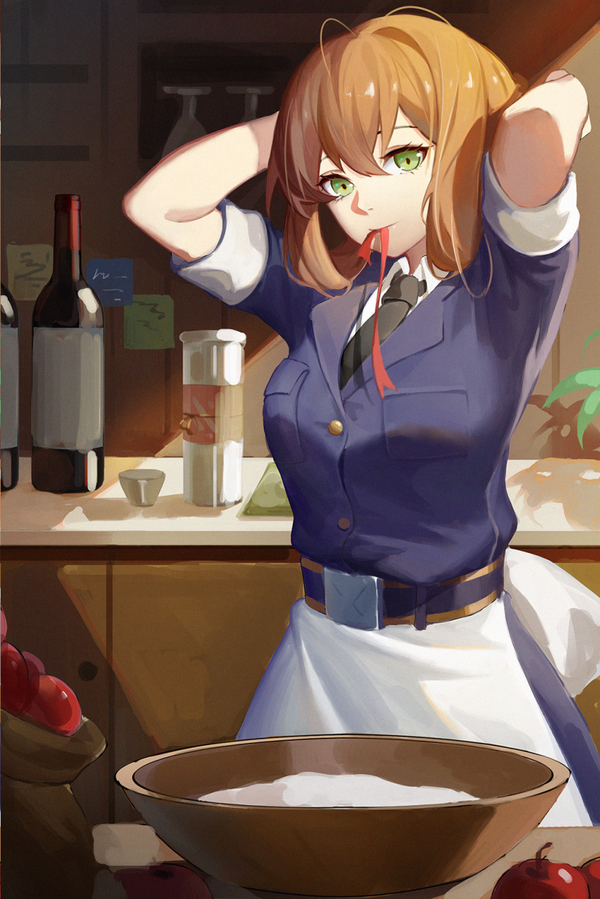 1girl apple apron bangs belt black_neckwear blazer blue_jacket blue_skirt blush bottle bowl breast_pocket breasts brown_hair buckle buttons collared_shirt cup food fruit girls_frontline green_eyes hair_between_eyes hair_ribbon hair_rings highres holding holding_hair indoors jacket jiaotache kitchen large_breasts long_hair long_sleeves looking_at_viewer m1903_springfield_(girls_frontline) mouth_hold necktie plant pocket ponytail potted_plant ribbon ribbon_in_mouth sack shirt sidelocks skirt sleeves_folded_up smile solo tareme tying_hair waist_apron white_shirt