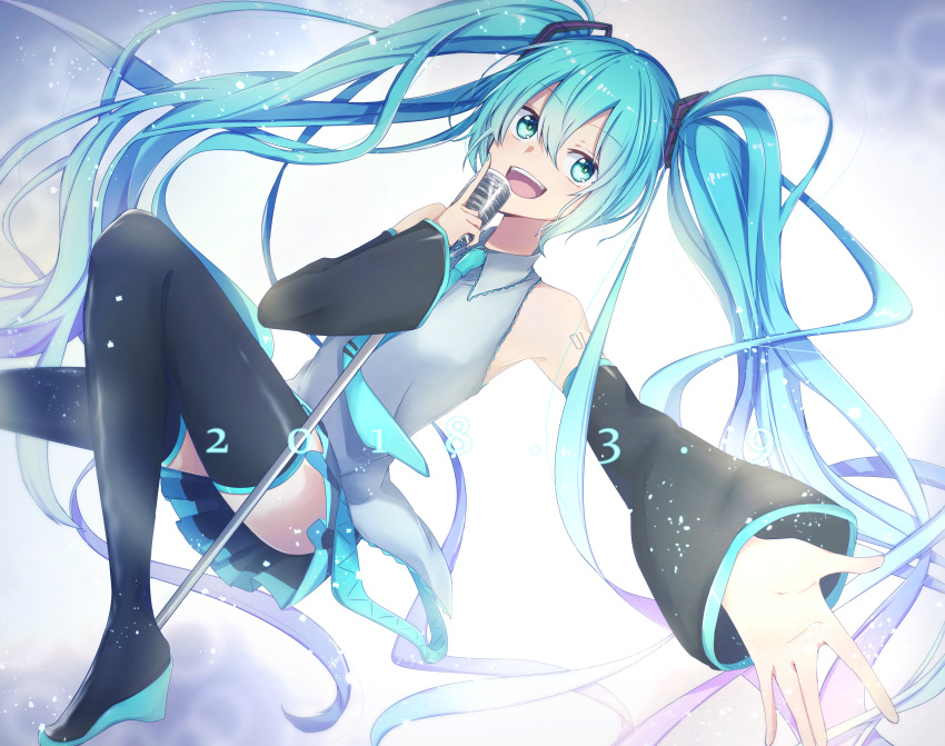1girl :d absurdres aqua_eyes aqua_hair aqua_neckwear armpits bangs bare_shoulders black_footwear black_skirt boots collared_shirt commentary_request dated detached_sleeves eyebrows_visible_through_hair grey_shirt hair_between_eyes hair_ornament hatsune_miku highres holding holding_microphone light_particles long_hair long_sleeves looking_at_viewer microphone microphone_stand miniskirt necktie open_mouth pleated_skirt sanpaku shigure_tsuki shirt sidelocks skirt smile solo thigh-highs thigh_boots twintails upper_teeth very_long_hair vocaloid