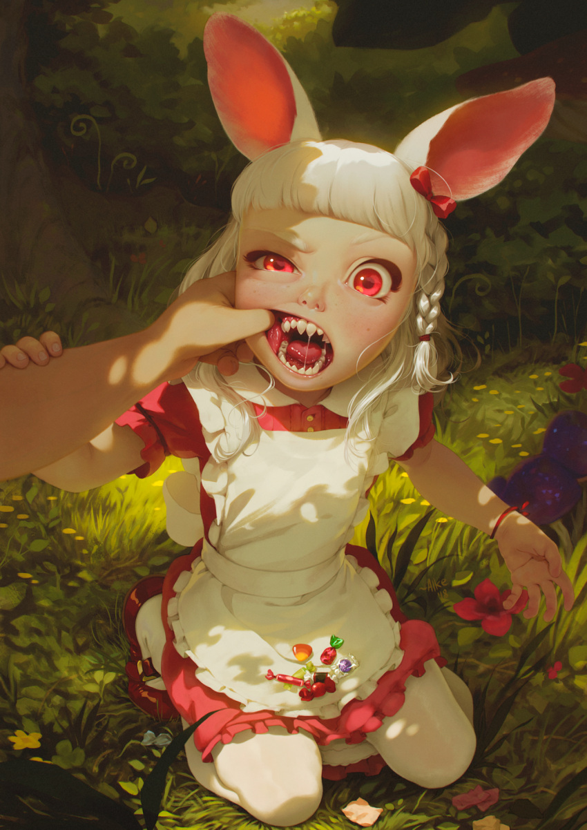 1boy 1girl alkemanubis animal_ears apron bracelet braid candy commentary day dress english_commentary fantasy food frilled_apron frilled_dress frills grass highres jewelry kneeling medium_hair mushroom open_mouth original outdoors pantyhose rabbit_ears red_eyes sharp_teeth shoes solo_focus teeth tongue tree white_hair white_legwear