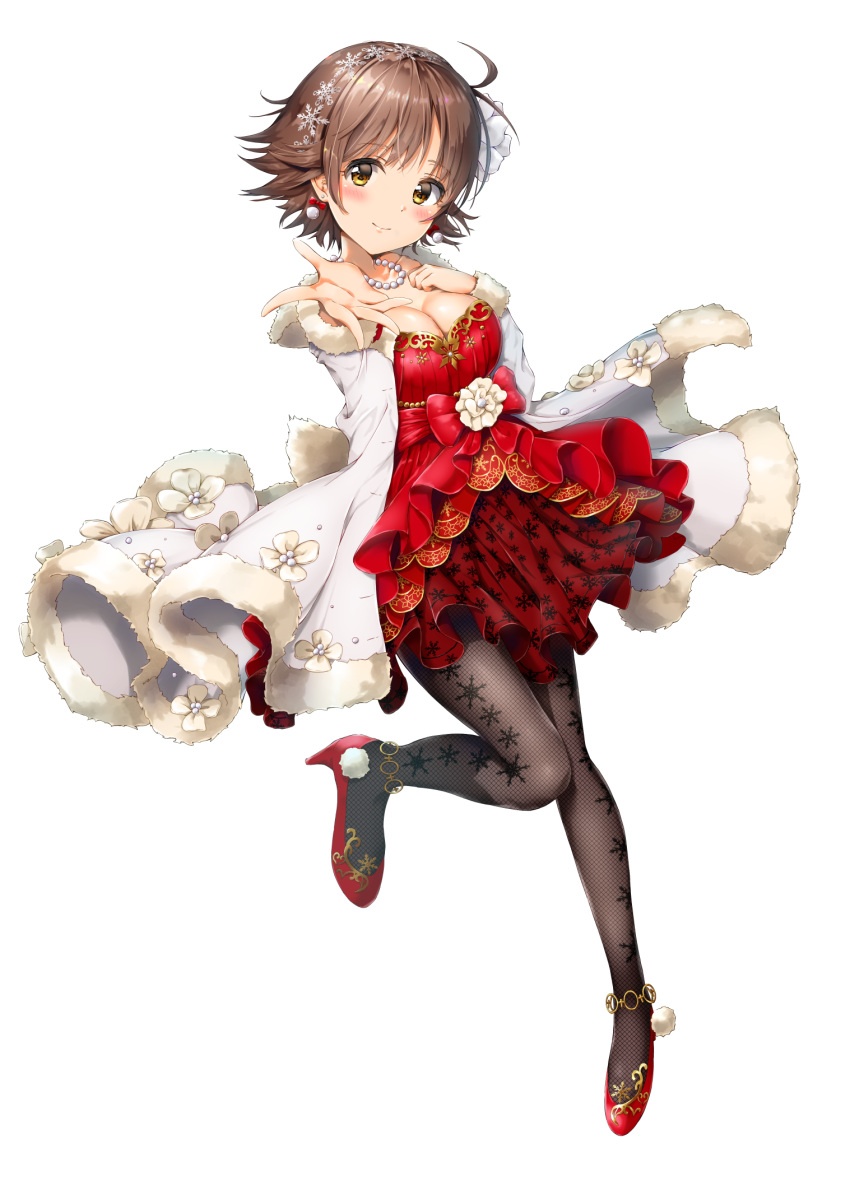 1girl black_legwear blush breasts brown_eyes brown_hair cape cleavage dress earrings full_body fur-trimmed_cape fur_trim hair_ornament high_heels highres honda_mio idolmaster idolmaster_cinderella_girls jewelry kuria_(clear_trip_second) layered_dress leg_up looking_at_viewer medium_breasts necklace pleated_dress pumps red_dress red_footwear shiny shiny_hair short_dress short_hair simple_background smile snowflake_hair_ornament solo thigh-highs white_background white_cape