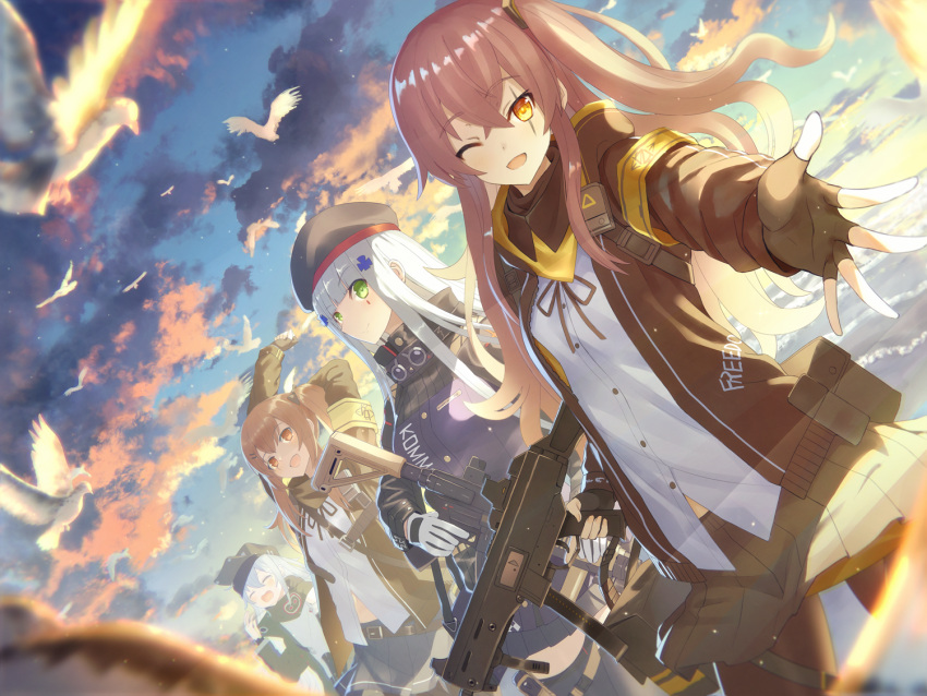 404_(girls_frontline) 4girls :d ;d animal arms_up assault_rifle bangs bird black_gloves blue_sky blurry blurry_foreground blush breasts brown_eyes brown_hair brown_jacket brown_legwear brown_ribbon brown_skirt closed_eyes closed_mouth clouds cloudy_sky commentary_request day depth_of_field dress_shirt dutch_angle eyebrows_visible_through_hair facial_mark fingerless_gloves fingernails flat_cap g11_(girls_frontline) girls_frontline gloves green_eyes green_hat green_jacket gun h&amp;k_ump45 hair_between_eyes hair_ornament hairclip hat heckler_&amp;_koch hk416 hk416_(girls_frontline) holding holding_gun holding_weapon jacket kaina_(tsubasakuronikuru) long_hair long_sleeves multiple_girls neck_ribbon object_namesake one_eye_closed one_side_up open_clothes open_jacket open_mouth outdoors outstretched_arm pantyhose pleated_skirt purple_jacket ribbon rifle scar scar_across_eye seagull shirt silver_hair skirt sky small_breasts smile stretch trigger_discipline twintails ump45_(girls_frontline) ump9_(girls_frontline) very_long_hair weapon white_gloves white_shirt yawning