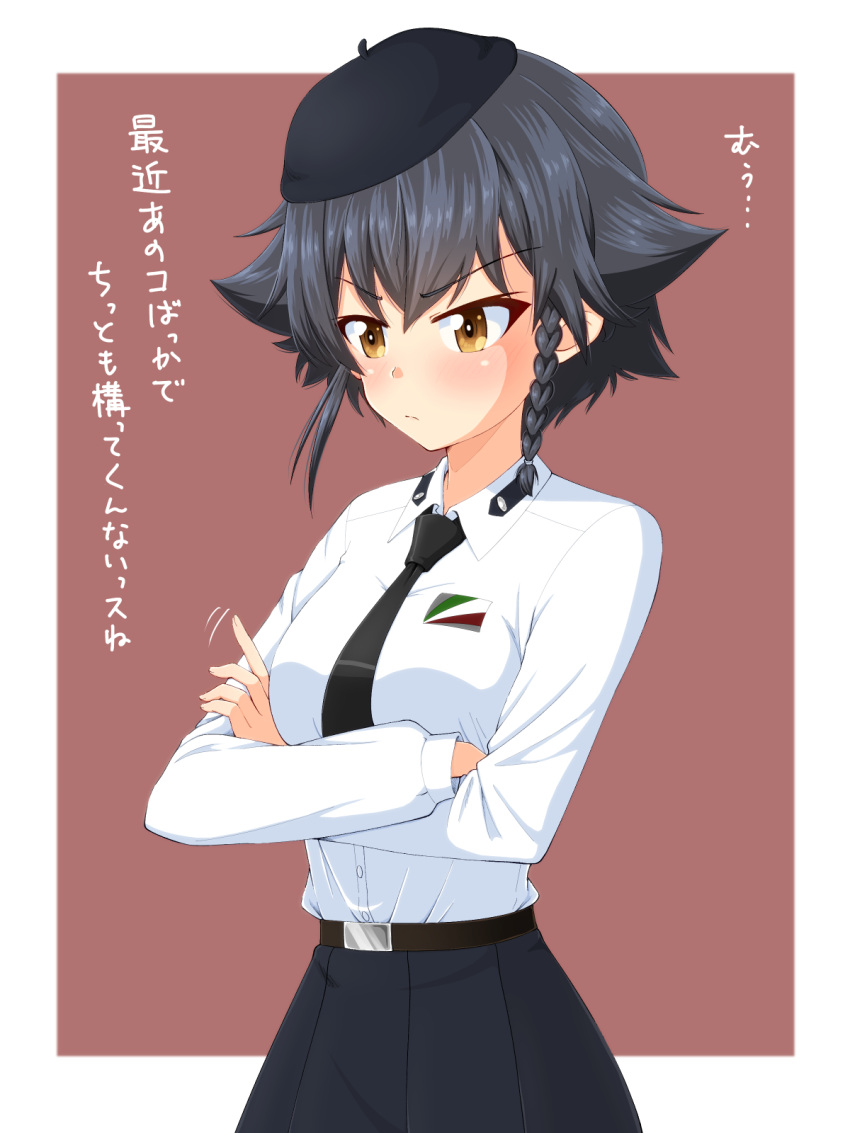 1girl anzio_school_uniform black_hair blush braid breasts brown_eyes girls_und_panzer hat highres medium_breasts necktie pepperoni_(girls_und_panzer) red_background ruka_(piyopiyopu) school_uniform short_hair solo translation_request two-tone_background white_background