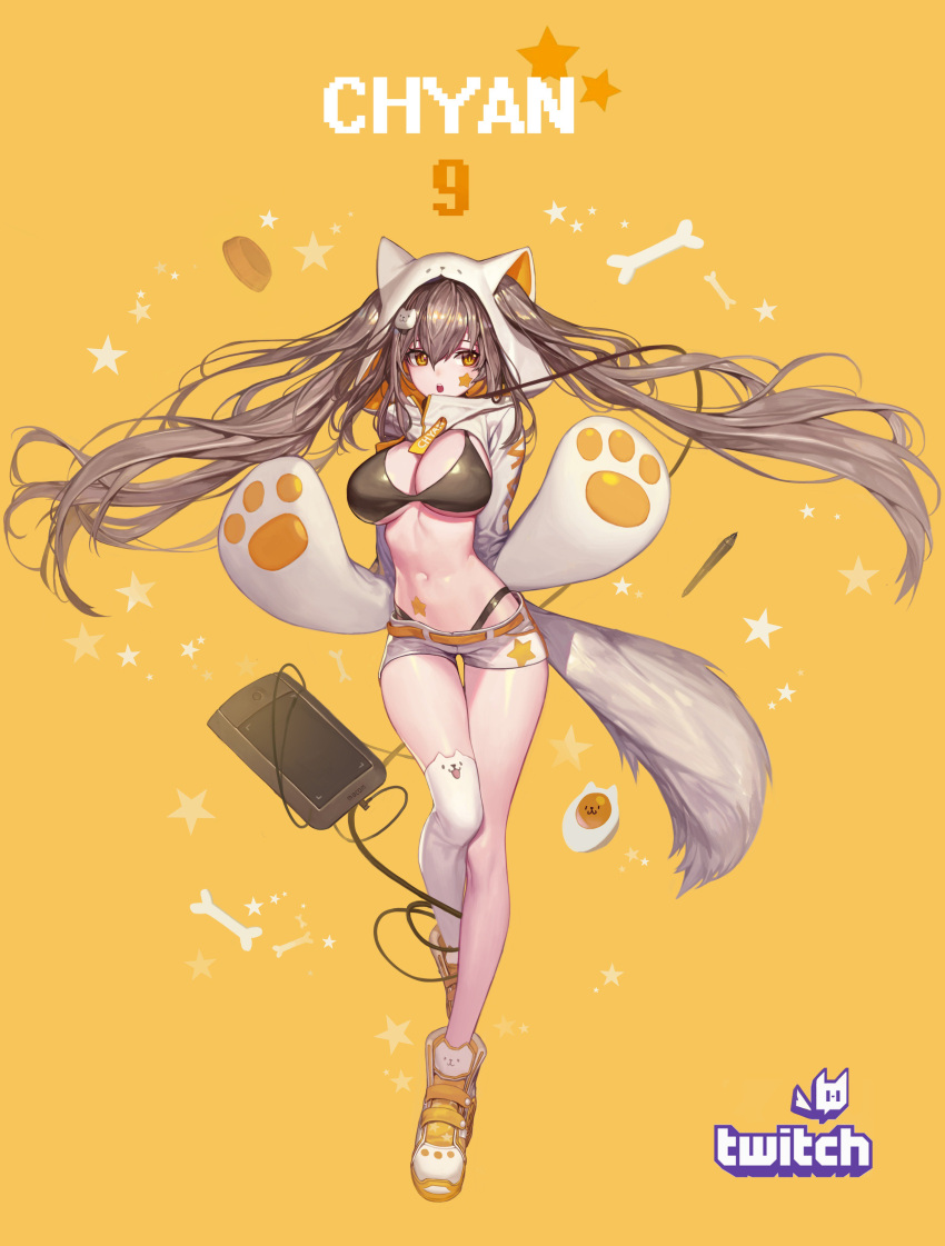 1girl absurdres bikini bikini_under_clothes black_bikini breasts brown_hair chyan cleavage cropped_jacket full_body hair_ornament highres hood hoodie korean_commentary large_breasts long_hair midriff navel open_mouth original shoes short_shorts shorts simple_background single_thighhigh sneakers solo standing standing_on_one_leg star swimsuit thigh-highs twintails twitch.tv very_long_hair white_legwear yellow_eyes
