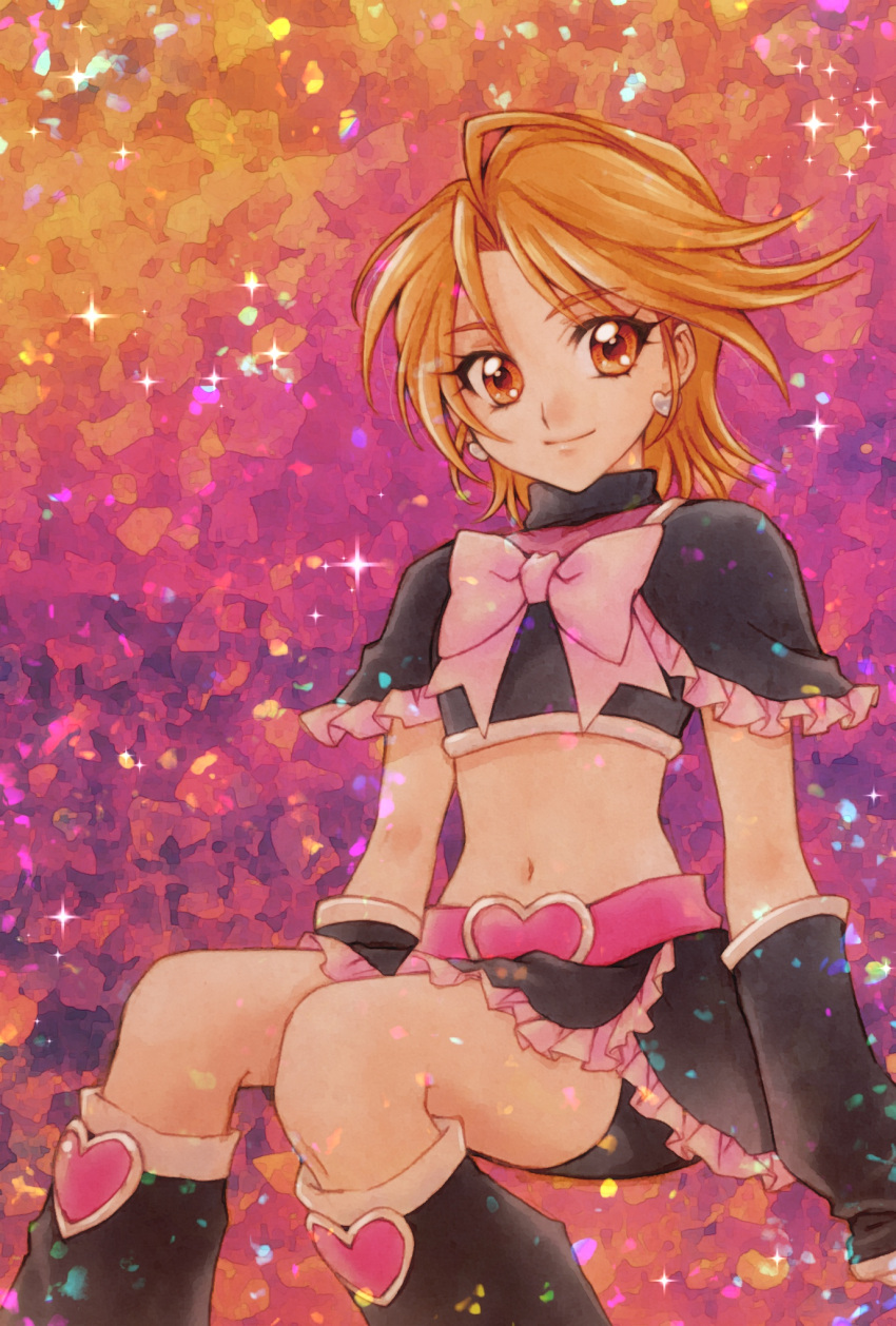 1girl ahoge aizen_(syoshiyuki) belt bike_shorts black_legwear black_shorts black_skirt black_sleeves bow bowtie brown_eyes brown_hair cropped_torso cure_black detached_sleeves earrings eyebrows_visible_through_hair frilled_skirt frills futari_wa_precure heart heart_earrings highres invisible_chair jewelry leg_warmers looking_at_viewer midriff miniskirt misumi_nagisa navel pink_bow pink_neckwear precure short_hair short_shorts shorts shorts_under_skirt sitting skirt smile solo stomach traditional_media