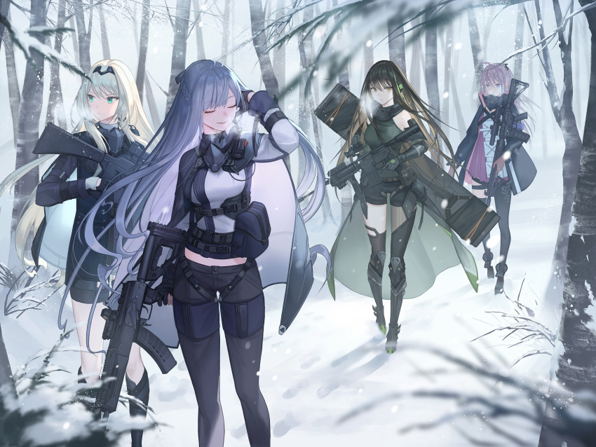 4girls adjusting_hair ak-12 ak-12_(girls_frontline) ammunition ammunition_belt ammunition_pouch an-94 an-94_(girls_frontline) anti-rain_(girls_frontline) ar-15 armband assault_rifle bangs bare_tree belt black_shorts blonde_hair blue_eyes blurry_foreground braid brown_eyes brown_hair closed_eyes closed_mouth commentary defy_(girls_frontline) eyebrows_visible_through_hair fingerless_gloves forest french_braid full_body girls_frontline gloves gun hair_tucking hairband hand_up highres holding holding_gun holding_weapon jacket long_hair long_sleeves m4_carbine m4a1_(girls_frontline) mod3_(girls_frontline) mt_(ringofive) multicolored_hair multiple_girls nature outdoors pink_hair pouch revision ribbon rifle scarf scope short_shorts shorts side_ponytail sidelocks silver_hair single_thighhigh sleeveless smile snow snowing st_ar-15_(girls_frontline) standing strap streaked_hair thigh-highs thigh_strap tree trigger_discipline very_long_hair walking weapon winter