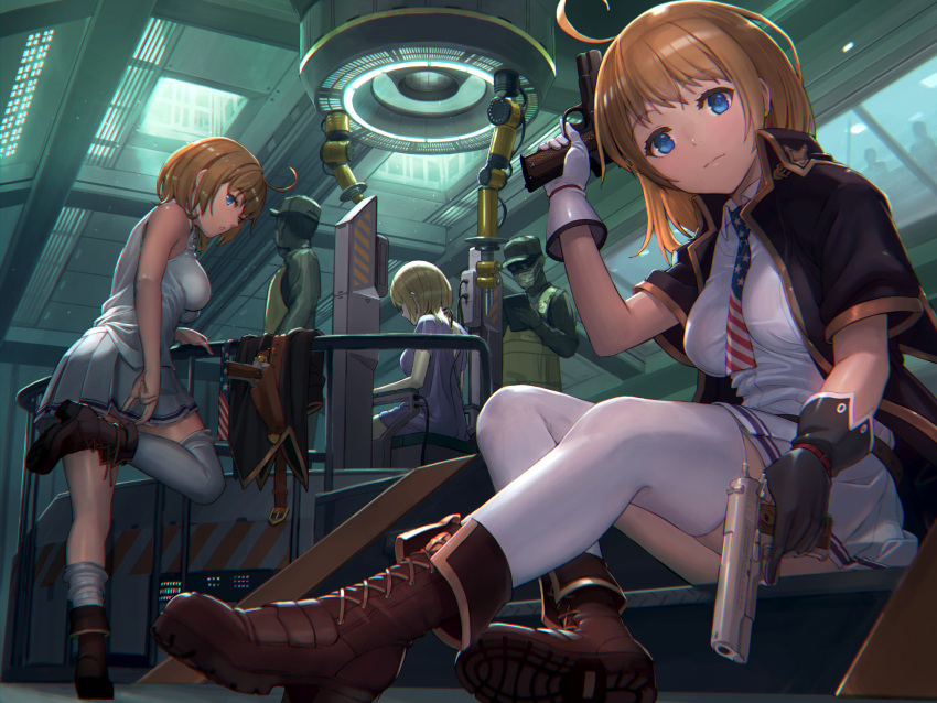 2boys 3girls ahoge american_flag baseball_cap blonde_hair blue_eyes boots breasts cable flag_print girls_frontline gloves gun handgun hat highres holster holstered_weapon looking_at_viewer m1911 m1911_(girls_frontline) mechanical_arm multiple_boys multiple_girls necktie sitting skirt tantaka thigh-highs trigger_discipline undressing weapon white_gloves white_legwear