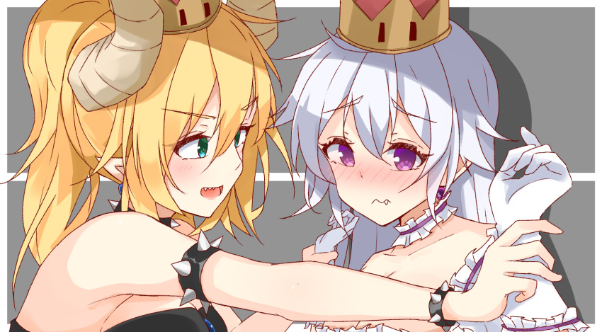 2girls against_wall bangs bare_shoulders black_collar blonde_hair blush bowsette bracelet breasts choker closed_mouth collar collarbone commentary dress earrings gloves green_eyes hair_between_eyes highres hikari_yui horns jewelry large_breasts long_hair looking_at_another looking_away super_mario_bros. multiple_girls new_super_mario_bros._u_deluxe nintendo open_mouth pinned pointy_ears ponytail princess_king_boo sharp_teeth spiked_bracelet spiked_collar spikes super_crown teeth violet_eyes white_dress white_gloves white_hair yuri