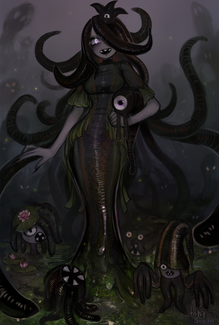 1girl :d absurdres artist_name black_hair black_nails carrying_under_arm collaboration commentary creature dress english_commentary fingernails full_body grey_sclera grey_skin hair_over_one_eye highres leech leech_girl leech_queen_(matilda_vin) lily_pad long_fingernails looking_at_viewer matilda_vin monster_girl nail_polish open_mouth original sharp_fingernails sharp_teeth short_sleeves smile solo standing teeth tentacle tentacle_hair white_eyes