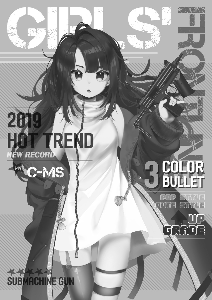 1girl absurdres bangs bare_shoulders black_hair c-ms_(girls_frontline) character_name commentary_request cover dress girls_frontline gun highres ice_s_s_z jacket long_hair long_sleeves looking_at_viewer magazine_cover mole mole_under_eye monochrome off_shoulder open_clothes solo submachine_gun thigh-highs thigh_strap very_long_hair weapon white_dress