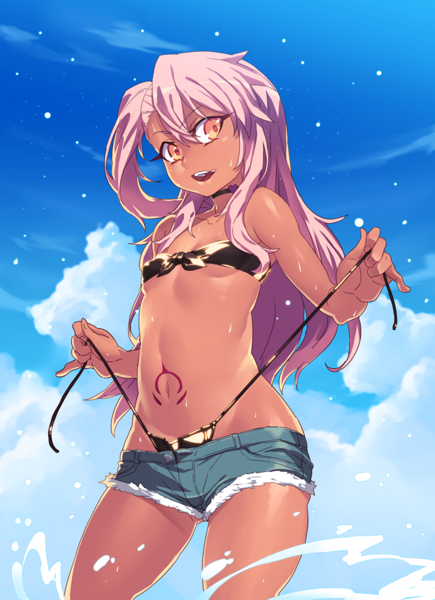 1girl blush breasts chloe_von_einzbern dark_skin denim_shorts fate/kaleid_liner_prisma_illya fate_(series) highres long_hair looking_at_viewer navel one_side_up orange_eyes pink_hair shorts side_ponytail small_breasts solo stomach_tattoo tasaka_shinnosuke tattoo water yellow_eyes