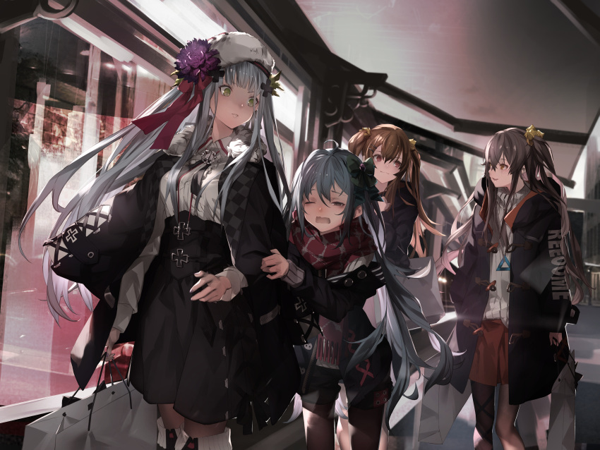 404_(girls_frontline) 4girls :3 absurdres ahoge alternate_costume bag bangs beret black_coat black_eyes black_jacket black_legwear black_shirt black_shorts black_skirt blue_hair blunt_bangs boots bow breasts brown_eyes brown_hair casual closed_mouth coat commentary_request cross_hair_ornament flower g11_(girls_frontline) girls_frontline green_bow green_eyes hair_between_eyes hair_bow hair_flower hair_ornament hairclip hat highres hk416_(girls_frontline) holding holding_bag indoors jacket large_breasts long_hair long_sleeves looking_at_another mall miniskirt miya-ki_(miya_key) multiple_girls off_shoulder one_eye_closed one_side_up open_clothes open_coat open_jacket open_mouth pantyhose parted_lips purple_flower red_eyes red_scarf red_skirt revision ribbed_sweater scarf shirt shopping_bag short_shorts shorts sidelocks silver_hair skirt smile standing sweater twintails ump45_(girls_frontline) ump9_(girls_frontline) underbust walking wavy_mouth white_hair white_hat white_shirt wing_collar